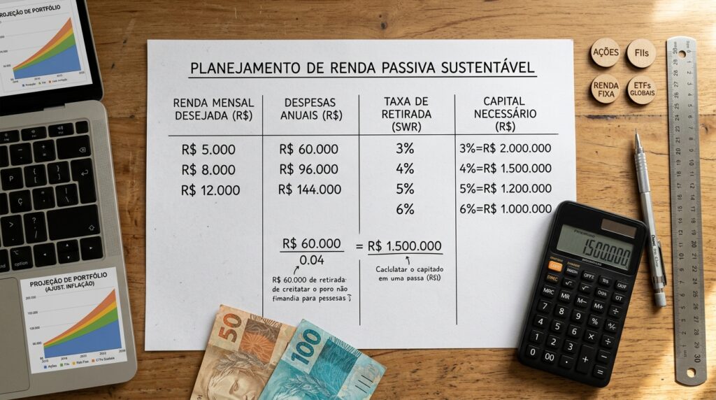 Veja quanto patrimônio é necessário para viver de renda passiva no Brasil e como combinar investimentos sem perder poder de compra.