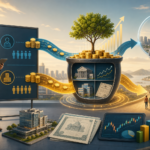 An editorial-style financial illustration of retirement planning in Brazil: a modern office worker standing beside a corporate pension board, with two streams of coins or digital funds flowing in parallel from employee and employer into a growing long-term investment vessel, symbolizing matching contributions and compounding over decades; include subtle visual layers of diversified assets like government bonds, stocks, and real estate icons integrated into a clean financial landscape, plus a faint contrast between a locked “closed plan” structure for employees and a broader “open plan” path for the public; warm professional color palette, sleek modern vector-infographic look, subtle depth, polished corporate aesthetic, no text, no logos, no branding, high resolution, balanced composition, informative and trustworthy tone