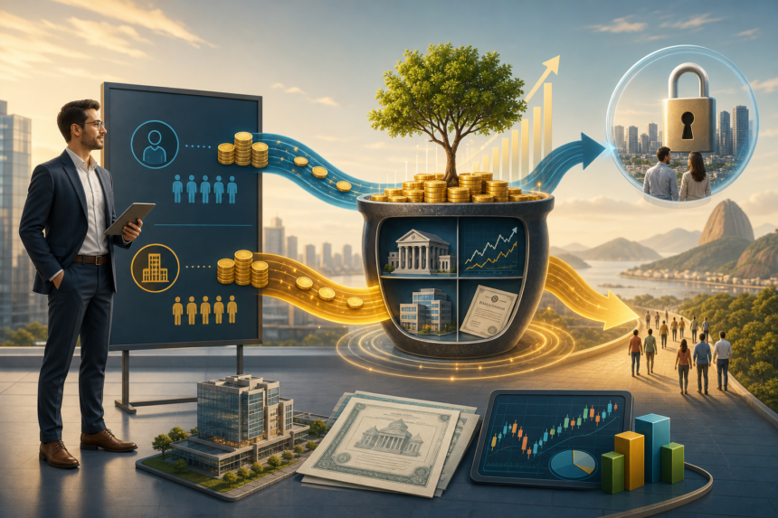 An editorial-style financial illustration of retirement planning in Brazil: a modern office worker standing beside a corporate pension board, with two streams of coins or digital funds flowing in parallel from employee and employer into a growing long-term investment vessel, symbolizing matching contributions and compounding over decades; include subtle visual layers of diversified assets like government bonds, stocks, and real estate icons integrated into a clean financial landscape, plus a faint contrast between a locked “closed plan” structure for employees and a broader “open plan” path for the public; warm professional color palette, sleek modern vector-infographic look, subtle depth, polished corporate aesthetic, no text, no logos, no branding, high resolution, balanced composition, informative and trustworthy tone