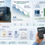 Create a clean editorial financial illustration in a modern Brazilian context: a public treasury bond investment concept shown as stacked coins, a safe, and a rising line chart, with a subtle tax theme represented by a descending staircase or gradient from 22.5% to 15% and a highlighted “longer time = lower tax” visual metaphor; include a simple example of a R$10,000 investment growing to profit while tax is taken only from the gain, with the original principal visually protected and untouched. Show a calendar or timeline extending past 720 days, a small 30-day IOF warning icon fading away, and neutral icons suggesting different treasury bond types. Add a discreet hand holding a calculator and receipt-like tax deduction motif to imply automatic withholding at source and annual declaration, while keeping the mood trustworthy, informative, and accessible. Use a polished infographic style, soft blue and green finance palette, crisp lighting, minimal clutter, high detail, professional composition, no text, no logos, no watermark.