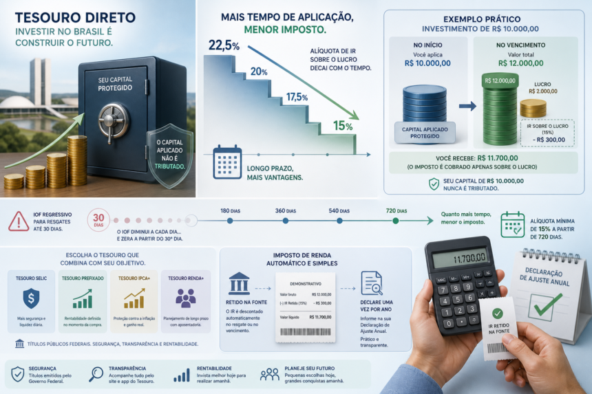 Create a clean editorial financial illustration in a modern Brazilian context: a public treasury bond investment concept shown as stacked coins, a safe, and a rising line chart, with a subtle tax theme represented by a descending staircase or gradient from 22.5% to 15% and a highlighted “longer time = lower tax” visual metaphor; include a simple example of a R$10,000 investment growing to profit while tax is taken only from the gain, with the original principal visually protected and untouched. Show a calendar or timeline extending past 720 days, a small 30-day IOF warning icon fading away, and neutral icons suggesting different treasury bond types. Add a discreet hand holding a calculator and receipt-like tax deduction motif to imply automatic withholding at source and annual declaration, while keeping the mood trustworthy, informative, and accessible. Use a polished infographic style, soft blue and green finance palette, crisp lighting, minimal clutter, high detail, professional composition, no text, no logos, no watermark.