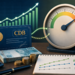Editorial finance concept image showing a clear visual contrast between a CDB investment and the CDI reference rate: on one side, a sleek bank certificate or deposit card connected to a growing money graph and stacked reais; on the other side, a large meter or gauge labeled by visual cues only, representing a benchmark rate, with subtle arrows showing the CDB tracking near it. Include a balanced composition with a calculator, savings jar, and upward interest chart, plus a faint comparison to a modest savings account line lower than the CDB growth. Clean modern Brazilian finance aesthetic, realistic lighting, crisp details, blue and green palette with gold accents, professional infographic style, no text, no logos, no branding.