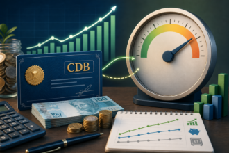 Editorial finance concept image showing a clear visual contrast between a CDB investment and the CDI reference rate: on one side, a sleek bank certificate or deposit card connected to a growing money graph and stacked reais; on the other side, a large meter or gauge labeled by visual cues only, representing a benchmark rate, with subtle arrows showing the CDB tracking near it. Include a balanced composition with a calculator, savings jar, and upward interest chart, plus a faint comparison to a modest savings account line lower than the CDB growth. Clean modern Brazilian finance aesthetic, realistic lighting, crisp details, blue and green palette with gold accents, professional infographic style, no text, no logos, no branding.
