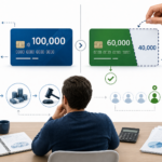 Editorial finance illustration of a Brazilian consórcio concept: a person at a desk comparing a full credit card labeled conceptually as 100k with a smaller received amount after a hidden bid, shown through a clean split visual where part of the credit is “taken” from the future value; subtle icons of a house or car purchase, a monthly group pool, and a bidding auction feel with one highlighted winner, modern infographic style, precise financial symbolism, clean white background, blue and green accents, realistic yet minimal, high detail, professional magazine illustration, no text, no logos, no watermarks