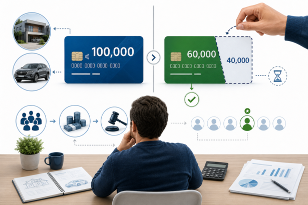 Editorial finance illustration of a Brazilian consórcio concept: a person at a desk comparing a full credit card labeled conceptually as 100k with a smaller received amount after a hidden bid, shown through a clean split visual where part of the credit is “taken” from the future value; subtle icons of a house or car purchase, a monthly group pool, and a bidding auction feel with one highlighted winner, modern infographic style, precise financial symbolism, clean white background, blue and green accents, realistic yet minimal, high detail, professional magazine illustration, no text, no logos, no watermarks