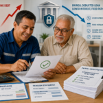 Editorial finance illustration of a Brazilian worker and retiree reviewing an approved payroll-deducted loan on a desk, with a paycheck, pension statement, calculator, and a neat stack of documents showing automatic monthly deductions; in the background, a subtle comparison between expensive revolving card debt and a calmer lower-interest fixed installment path, visualized with contrasting red and blue financial arrows, a secure bank icon, and a visible budget margin bar leaving room for emergencies. Clean modern infographic-inspired composition, realistic yet polished, professional lighting, soft neutral office setting, high detail, trustworthy and informative tone, no text, no logos, no watermarks.