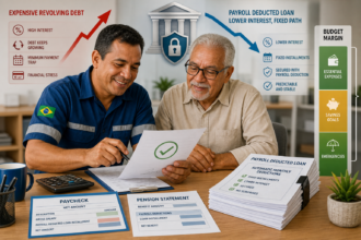 Editorial finance illustration of a Brazilian worker and retiree reviewing an approved payroll-deducted loan on a desk, with a paycheck, pension statement, calculator, and a neat stack of documents showing automatic monthly deductions; in the background, a subtle comparison between expensive revolving card debt and a calmer lower-interest fixed installment path, visualized with contrasting red and blue financial arrows, a secure bank icon, and a visible budget margin bar leaving room for emergencies. Clean modern infographic-inspired composition, realistic yet polished, professional lighting, soft neutral office setting, high detail, trustworthy and informative tone, no text, no logos, no watermarks.