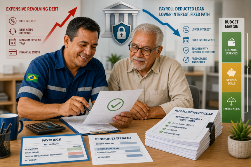 Editorial finance illustration of a Brazilian worker and retiree reviewing an approved payroll-deducted loan on a desk, with a paycheck, pension statement, calculator, and a neat stack of documents showing automatic monthly deductions; in the background, a subtle comparison between expensive revolving card debt and a calmer lower-interest fixed installment path, visualized with contrasting red and blue financial arrows, a secure bank icon, and a visible budget margin bar leaving room for emergencies. Clean modern infographic-inspired composition, realistic yet polished, professional lighting, soft neutral office setting, high detail, trustworthy and informative tone, no text, no logos, no watermarks.