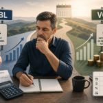 Editorial finance illustration of Brazilian private retirement planning, showing two clear paths side by side: one labeled by visual cues for PGBL and the other for VGBL, with a calculator, tax form, piggy bank, growth chart, and a long-term horizon represented by a calendar fading into the distance. Depict a thoughtful middle-aged investor comparing options, with subtle visual contrast between upfront tax deduction versus tax on gains at withdrawal, and a small inset of a simple comparison table icon. Clean modern newsroom style, realistic corporate color palette, crisp lighting, high detail, minimal clutter, no text, no logos, no branding.