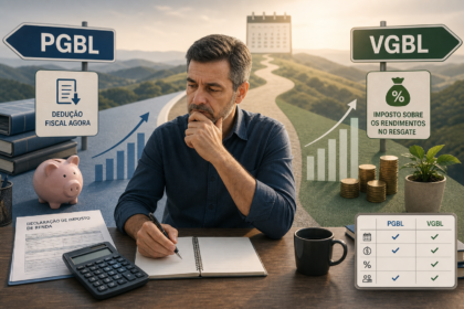 Editorial finance illustration of Brazilian private retirement planning, showing two clear paths side by side: one labeled by visual cues for PGBL and the other for VGBL, with a calculator, tax form, piggy bank, growth chart, and a long-term horizon represented by a calendar fading into the distance. Depict a thoughtful middle-aged investor comparing options, with subtle visual contrast between upfront tax deduction versus tax on gains at withdrawal, and a small inset of a simple comparison table icon. Clean modern newsroom style, realistic corporate color palette, crisp lighting, high detail, minimal clutter, no text, no logos, no branding.