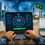 Editorial financial illustration of a Brazilian investor’s hands using a laptop home broker to buy an ETF, with a clean modern trading interface showing a single fund representing many assets, layered visuals of global stock markets, U.S. blue-chip skyscrapers, a world map, dollar symbols, Brazilian market elements, and a separate bond/renda fixa motif with government bonds and inflation protection icons; emphasize diversification, accessibility, and low-cost investing, with subtle upward chart lines and portfolio balance imagery, realistic yet polished, high-detail, bright corporate color palette, no text, no logos, no branding