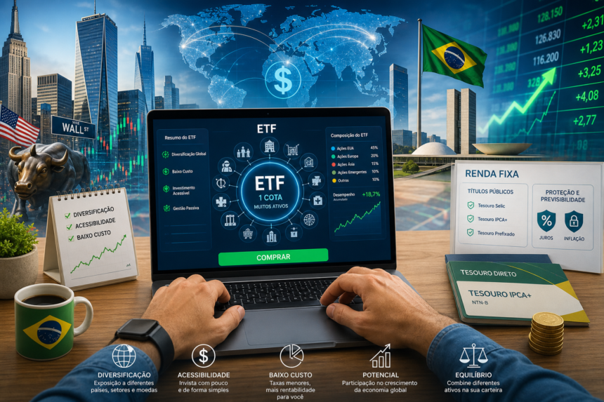 Editorial financial illustration of a Brazilian investor’s hands using a laptop home broker to buy an ETF, with a clean modern trading interface showing a single fund representing many assets, layered visuals of global stock markets, U.S. blue-chip skyscrapers, a world map, dollar symbols, Brazilian market elements, and a separate bond/renda fixa motif with government bonds and inflation protection icons; emphasize diversification, accessibility, and low-cost investing, with subtle upward chart lines and portfolio balance imagery, realistic yet polished, high-detail, bright corporate color palette, no text, no logos, no branding