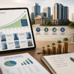 Editorial financial illustration of a long-term dividend investing strategy: a clean desktop scene with a tablet showing a rising compounding growth curve, a diversified portfolio dashboard with multiple blue-chip stocks and real estate fund cards, subtle monthly cash flow icons flowing into a bank account, stacked coins gradually growing into a snowball effect, and a balanced mix of corporate buildings, utility towers, banks, and apartment buildings in the background. Modern flat-lay composition, sophisticated business magazine style, warm neutral palette with green and blue accents, realistic lighting, crisp details, no text, no logos, no branding.