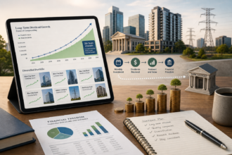 Editorial financial illustration of a long-term dividend investing strategy: a clean desktop scene with a tablet showing a rising compounding growth curve, a diversified portfolio dashboard with multiple blue-chip stocks and real estate fund cards, subtle monthly cash flow icons flowing into a bank account, stacked coins gradually growing into a snowball effect, and a balanced mix of corporate buildings, utility towers, banks, and apartment buildings in the background. Modern flat-lay composition, sophisticated business magazine style, warm neutral palette with green and blue accents, realistic lighting, crisp details, no text, no logos, no branding.