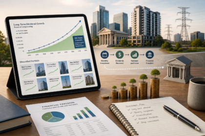 Editorial financial illustration of a long-term dividend investing strategy: a clean desktop scene with a tablet showing a rising compounding growth curve, a diversified portfolio dashboard with multiple blue-chip stocks and real estate fund cards, subtle monthly cash flow icons flowing into a bank account, stacked coins gradually growing into a snowball effect, and a balanced mix of corporate buildings, utility towers, banks, and apartment buildings in the background. Modern flat-lay composition, sophisticated business magazine style, warm neutral palette with green and blue accents, realistic lighting, crisp details, no text, no logos, no branding.