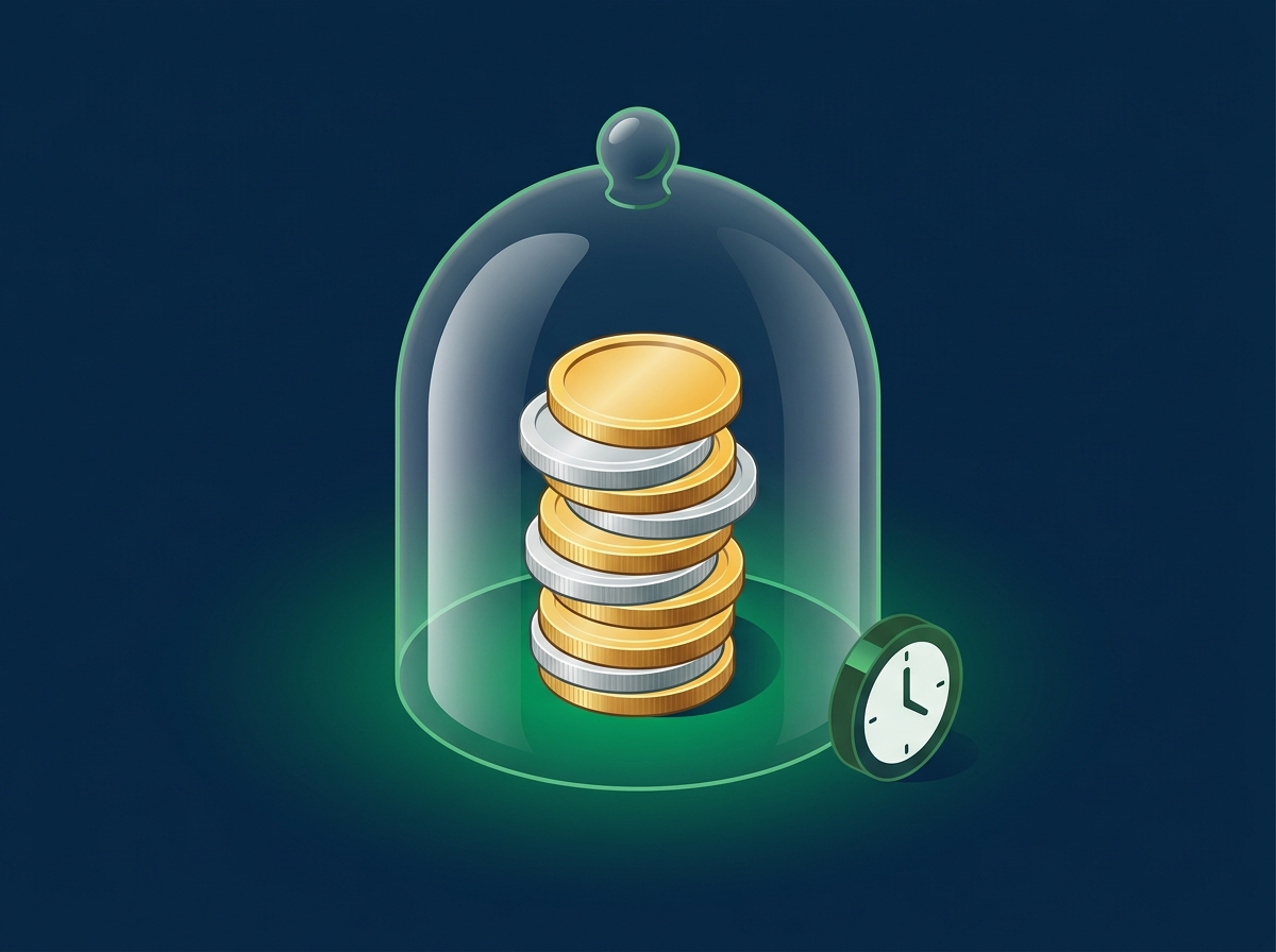 Moedas sob uma redoma de vidro com um relógio ao lado