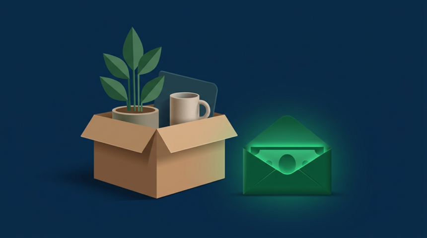 Caixa com pertences de escritório ao lado de um envelope de dinheiro, representando as verbas rescisórias