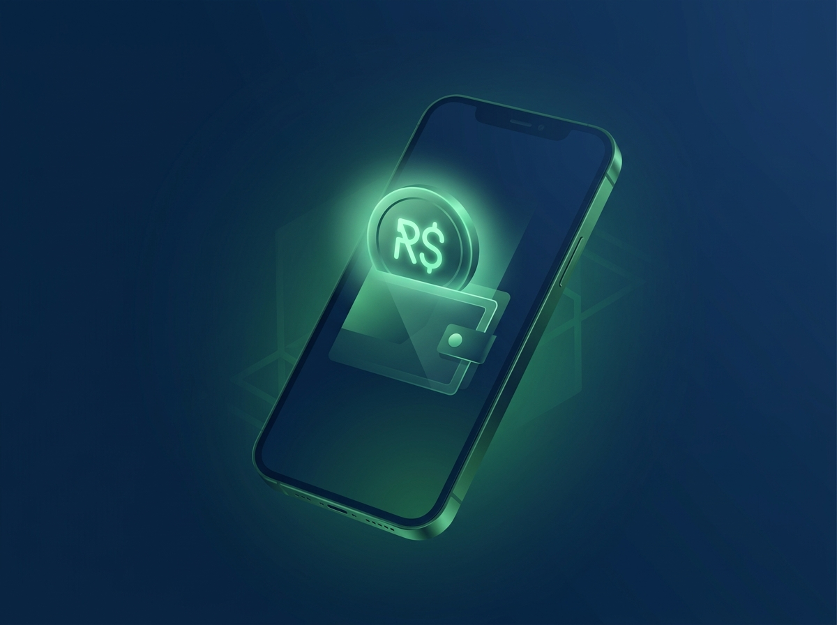 Smartphone com uma carteira digital e uma moeda digital