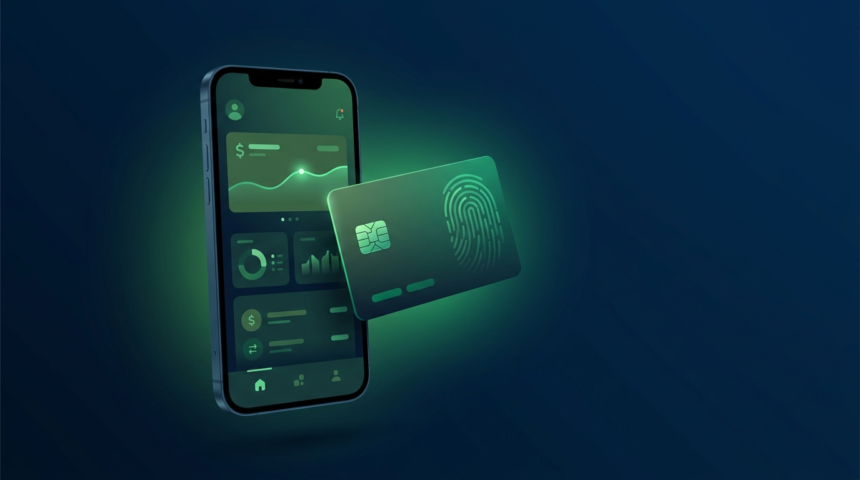 Smartphone com app de banco digital e um cartão, representando uma conta digital