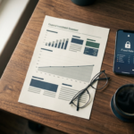 Mesa de madeira com relatório de investimento, smartphone exibindo taxa fixa, óculos e café