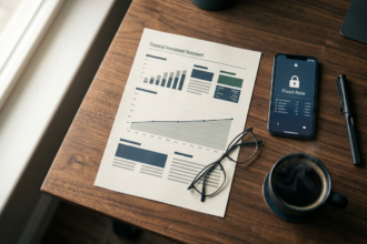 Mesa de madeira com relatório de investimento, smartphone exibindo taxa fixa, óculos e café