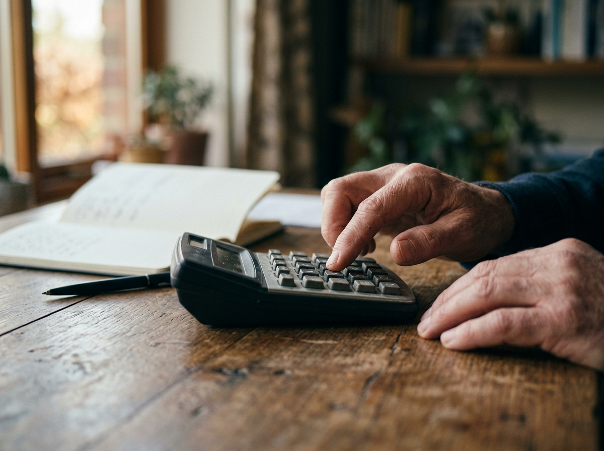 Mãos usando uma calculadora sobre uma mesa de madeira, com caderno de anotações ao lado