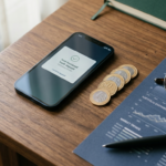 Mesa de madeira com smartphone, moedas de real, relatório de carteira de ações e óculos