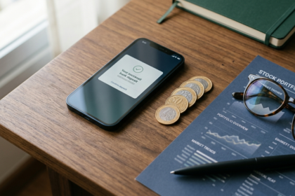 Mesa de madeira com smartphone, moedas de real, relatório de carteira de ações e óculos