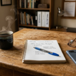 Mesa de madeira com caderno de anotações, caneta, xícara de café, óculos e celular ao lado da janela