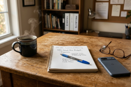 Mesa de madeira com caderno de anotações, caneta, xícara de café, óculos e celular ao lado da janela