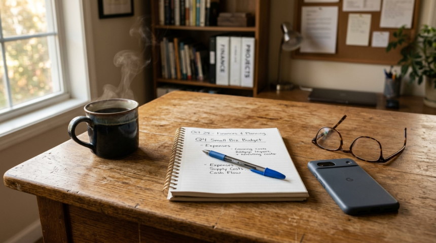 Mesa de madeira com caderno de anotações, caneta, xícara de café, óculos e celular ao lado da janela