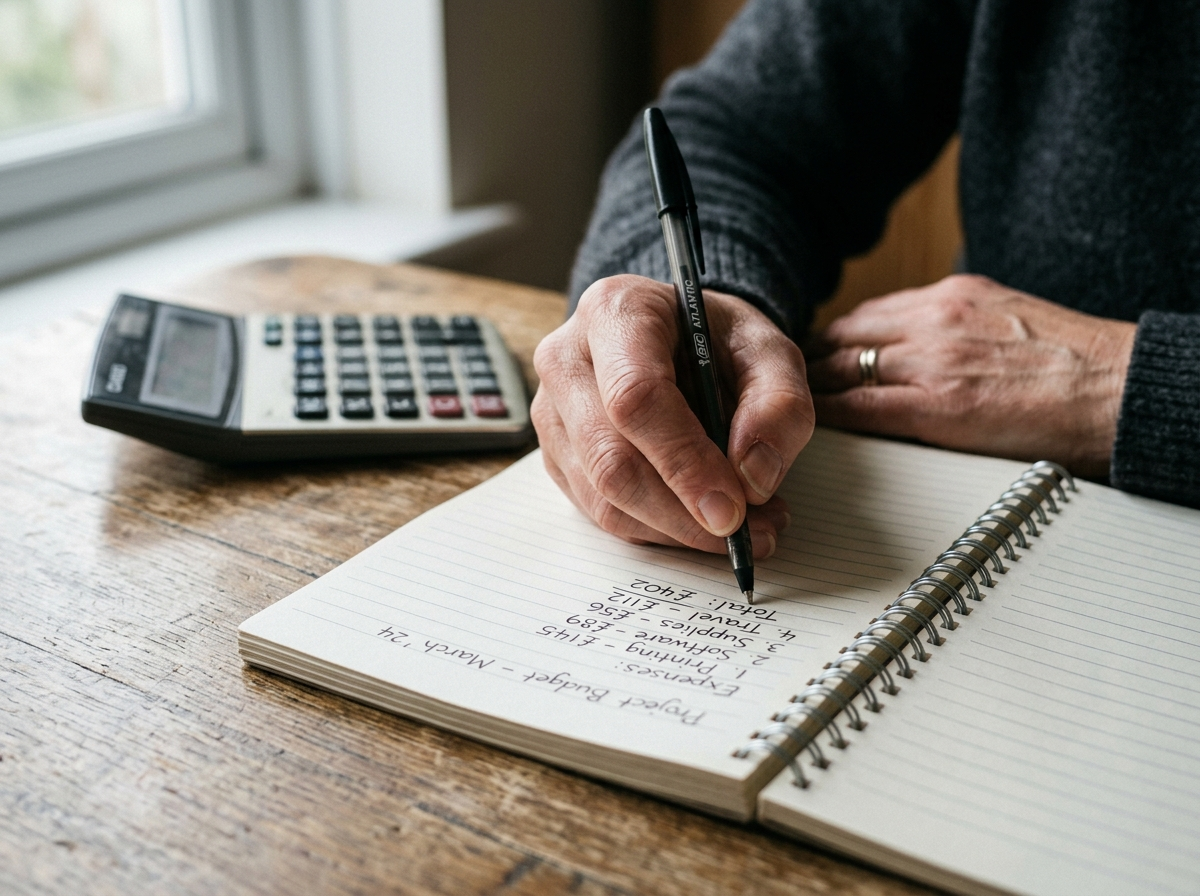 Mãos escrevendo em um caderno sobre uma mesa de madeira, com calculadora ao lado