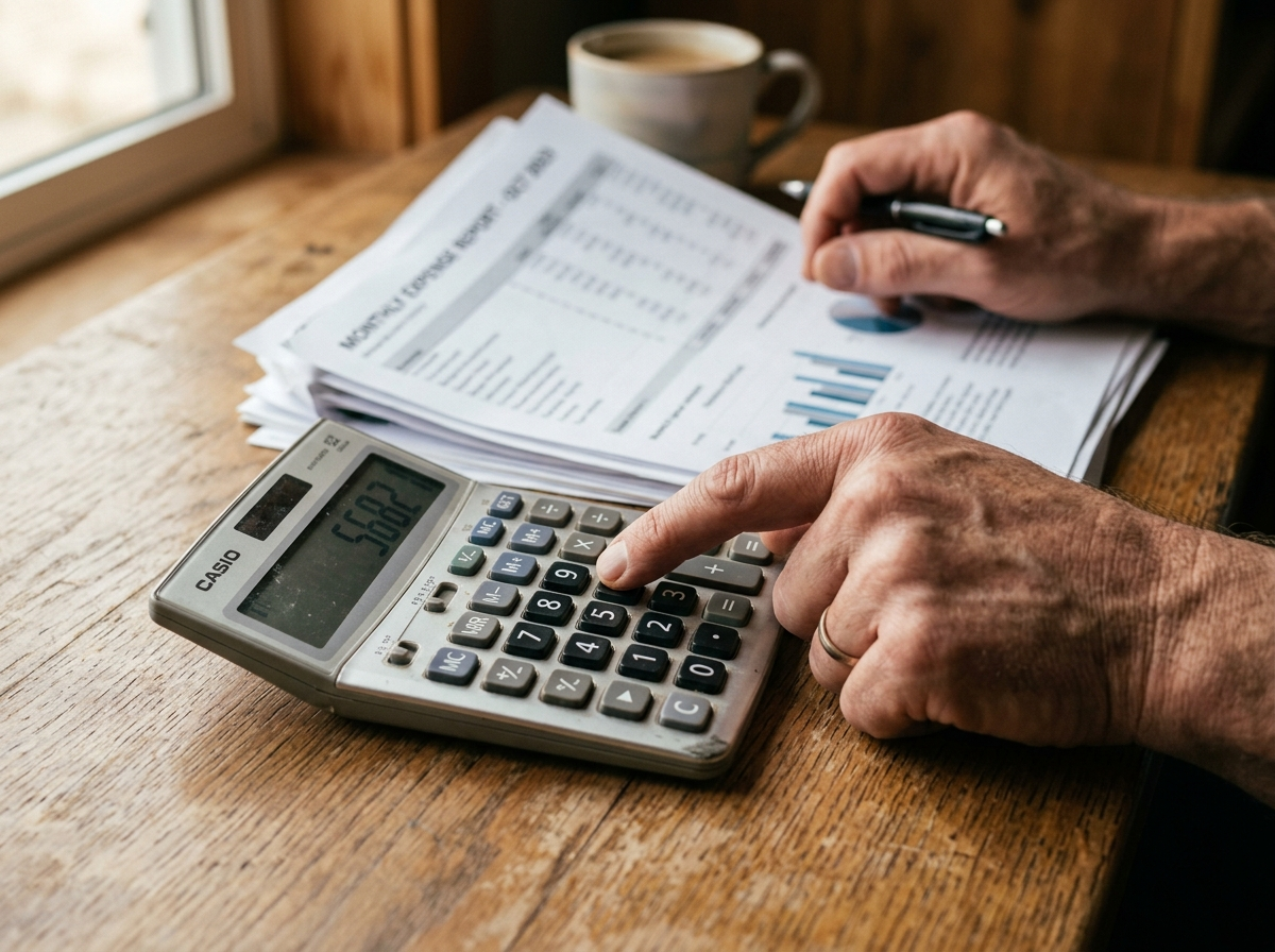 Mãos operando uma calculadora sobre uma mesa de madeira com documentos ao fundo