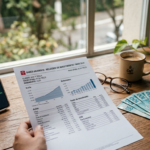Mesa de madeira com extrato de investimento impresso, celular exibindo um gráfico de alta, óculos, café e notas de real