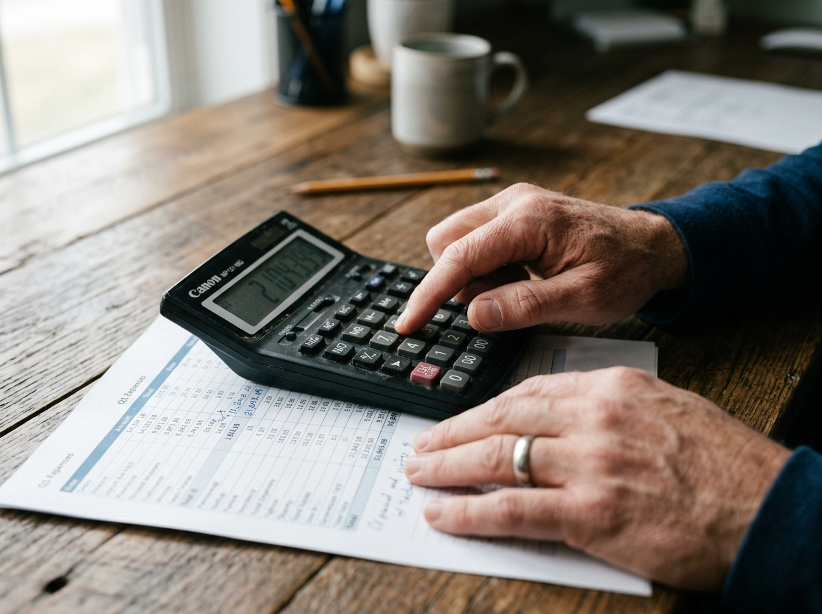 Mãos usando uma calculadora ao lado de uma planilha impressa com números, sobre uma mesa de madeira