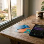 Mesa de madeira com dois cartões de banco diferentes lado a lado, um celular com app bancário e moedas de real
