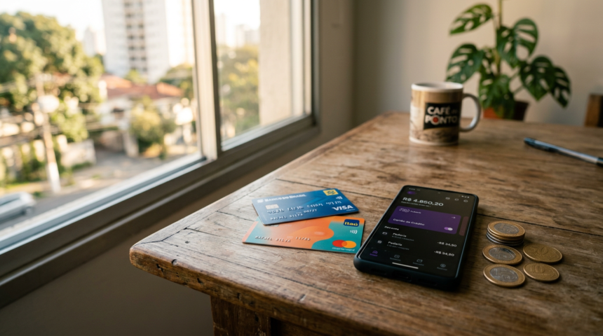 Mesa de madeira com dois cartões de banco diferentes lado a lado, um celular com app bancário e moedas de real