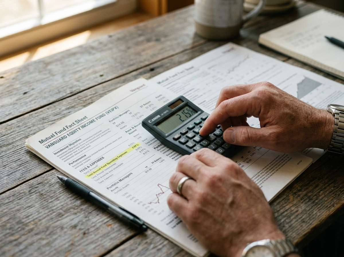 Mãos usando uma calculadora sobre a lâmina de um fundo de investimento com a linha da taxa destacada
