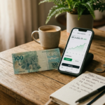 Mesa de madeira com uma nota de cem reais, celular exibindo um app de investimento, caderno e moedas, sob luz de manhã