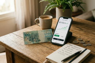 Mesa de madeira com uma nota de cem reais, celular exibindo um app de investimento, caderno e moedas, sob luz de manhã