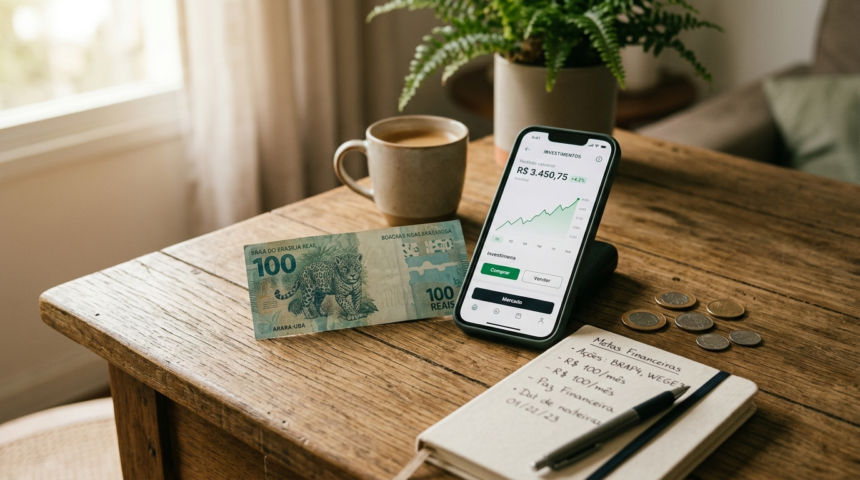 Mesa de madeira com uma nota de cem reais, celular exibindo um app de investimento, caderno e moedas, sob luz de manhã