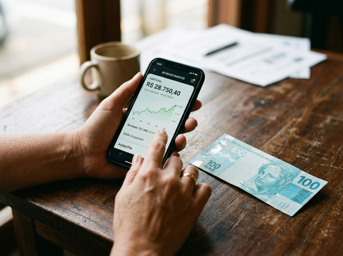 Mãos segurando um celular com app de investimento aberto, ao lado de uma nota de cem reais