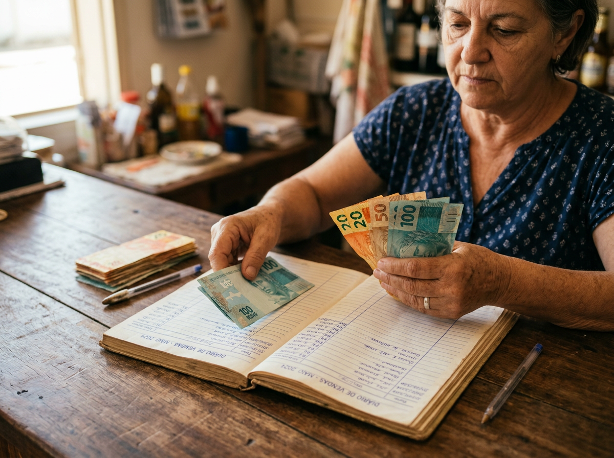 Mãos de um lojista contando notas de real sobre um livro-caixa aberto, em um balcão de madeira