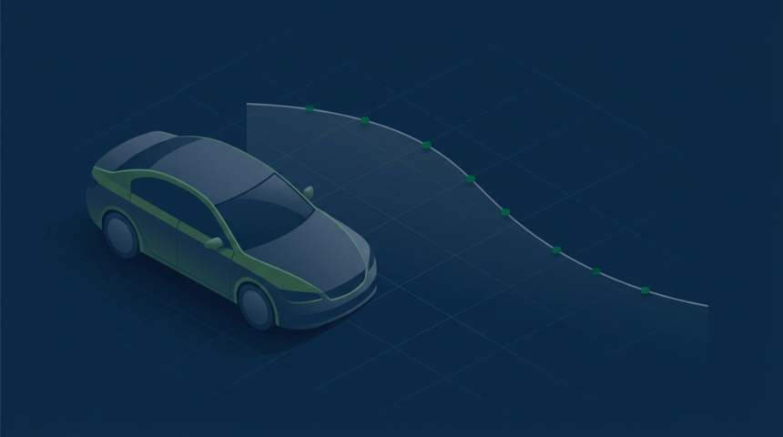 Carro sedan estilizado e curva descendente representando a depreciação ao longo do tempo