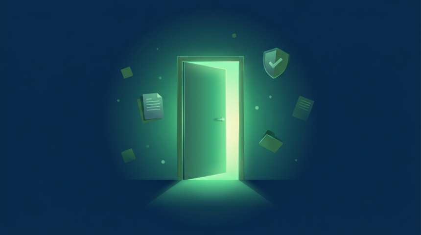 Porta iluminada com brilho verde e documentos flutuantes representando a abertura do MEI