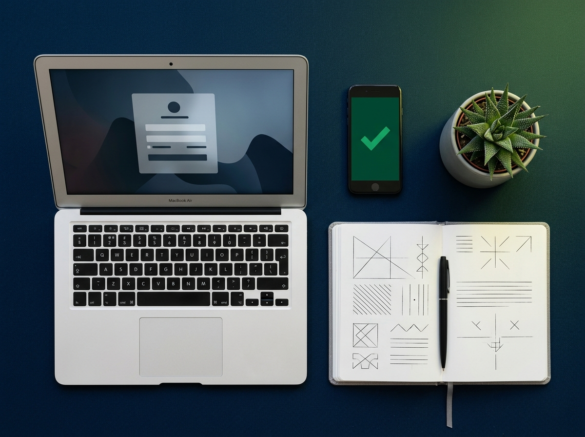 Laptop com formulário de cadastro e smartphone exibindo confirmação em verde