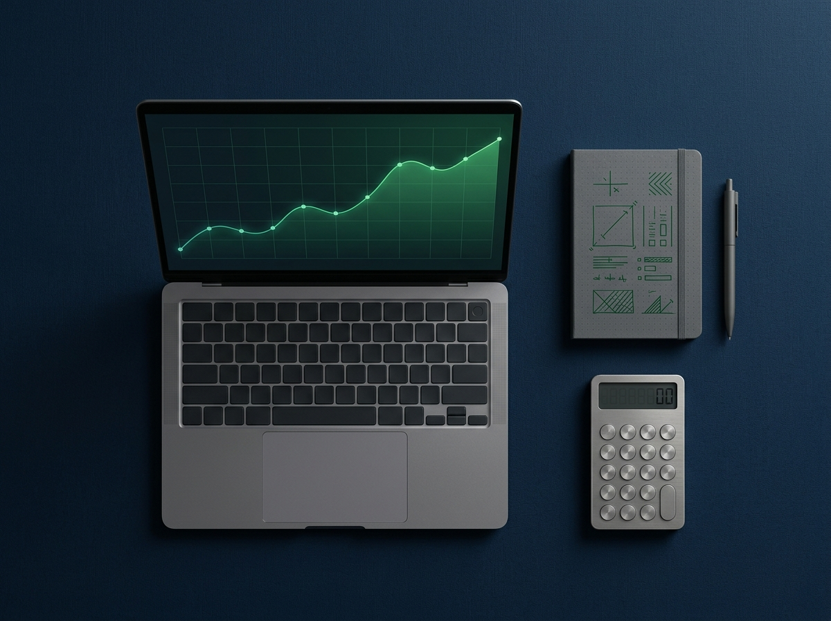 Espaço de trabalho com laptop, calculadora e caderno para controle de receita