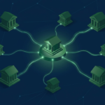 Ilustração isométrica de bancos conectados por fluxos de dados em verde