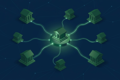 Ilustração isométrica de bancos conectados por fluxos de dados em verde
