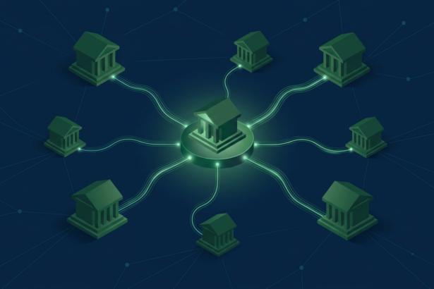 Ilustração isométrica de bancos conectados por fluxos de dados em verde